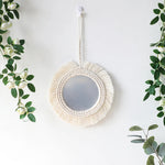 miroir décoratif boho blanc beige macramé franges artisanal
