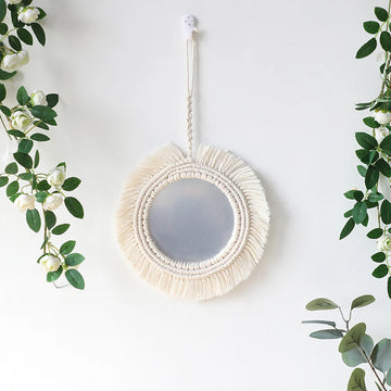 miroir décoratif boho blanc beige macramé franges artisanal