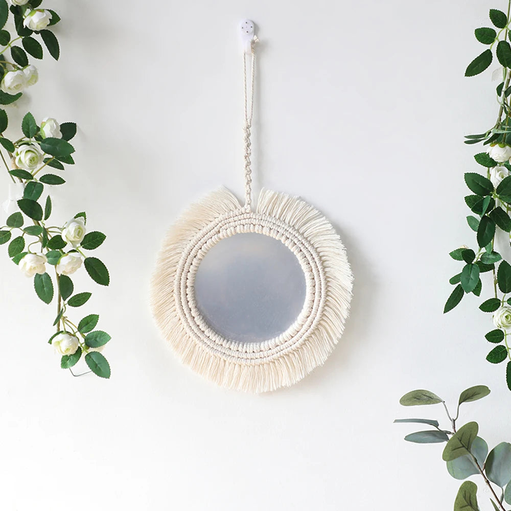 miroir décoratif boho blanc beige macramé franges artisanal