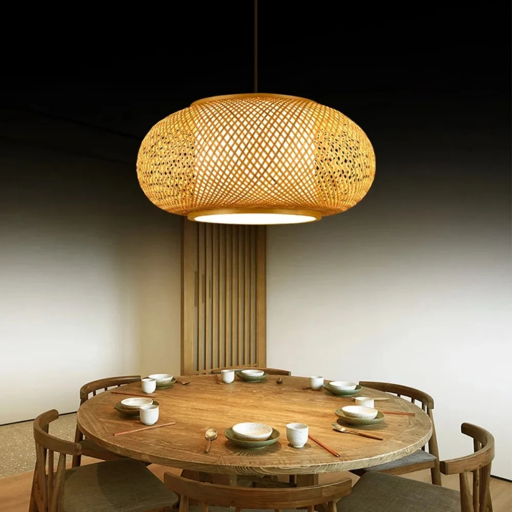 suspension bambou tressé moderne naturel 40cm 50cm 60cm tissage régulier chaîne métallique rustique