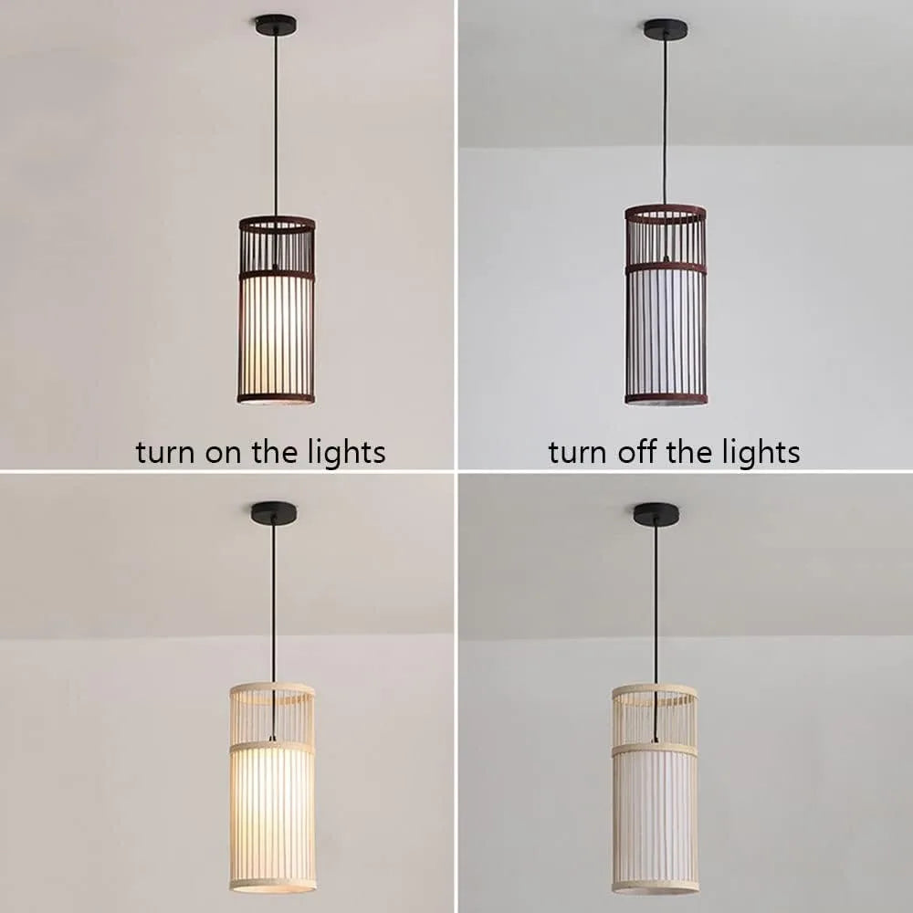 lampe suspendue moderne bambou tissé main boho rayures verticales beige noir