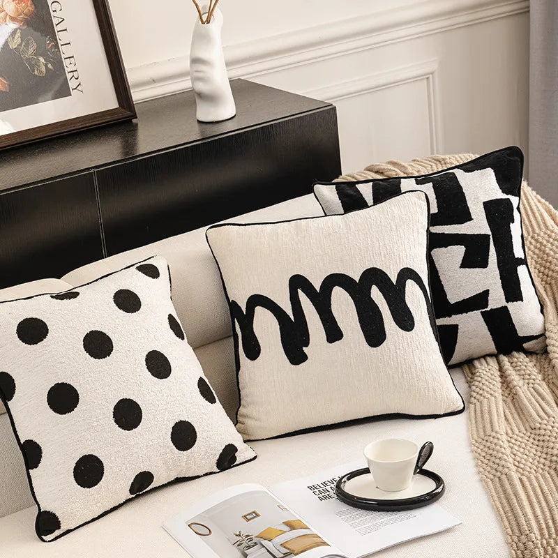 housse coussin polyester géométrique jacquard noir blanc moderne salon décoration