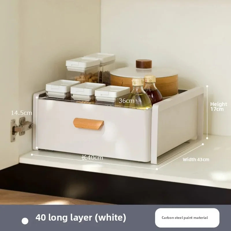 meuble tiroirs cuisine gris blanc poignées bois rangement sous évier