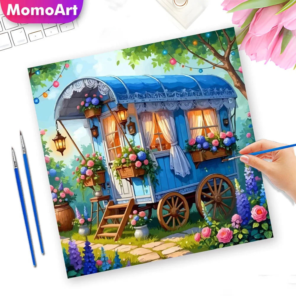 tableau peindre numéro floral caravane paysage vintage diy facile couleurs vives pinceaux decorationintérieur