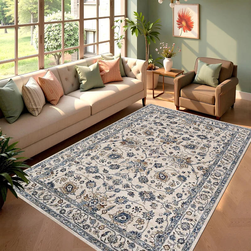 tapis vintage floral vert bleu gris classique antidérapant salon chambre moderne