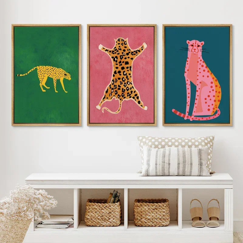 affiche murale animaux safari léopard girafe zèbre toile décor salon moderne cadre bois