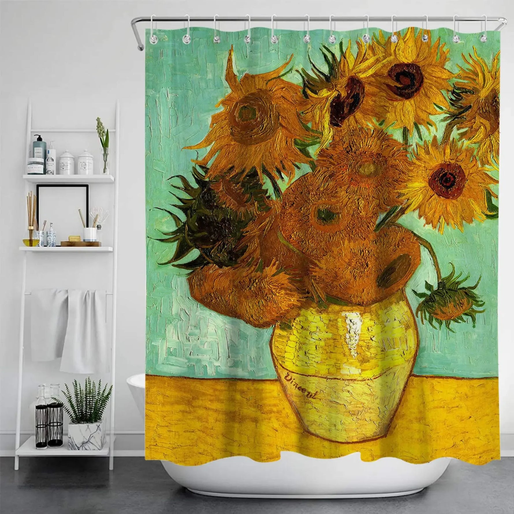 Reproduction du tableau “Sunflowers” de Van Gogh, où un bouquet de tournesols se trouve dans un vase vert sur un fond turquoise.
