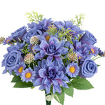 bouquet fleurs artificielles rose clair blanc orange violet dahlia marguerites feuilles vertes réaliste décoration