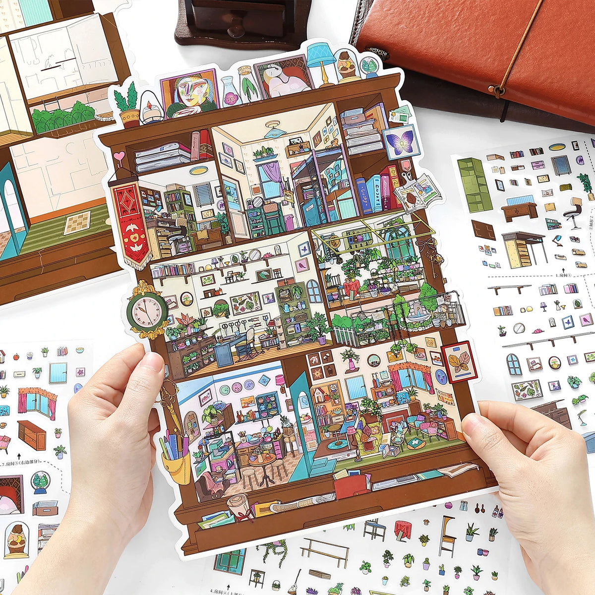 sticker maison repositionnable feuilles stickers illustrations détaillées miniature ambiance chaleureuse animaux meubles plantes objets
