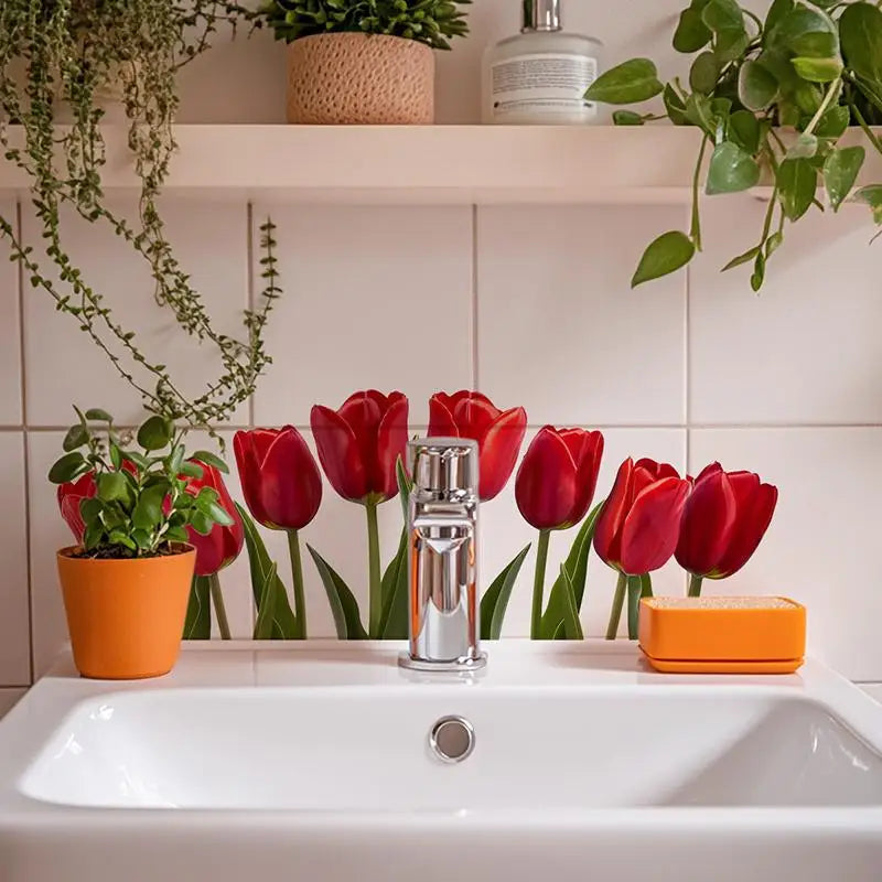 sticker mural floral adhésif décoration naturelle tulipes callas lavabo salle bain moderneversible amovible pvc