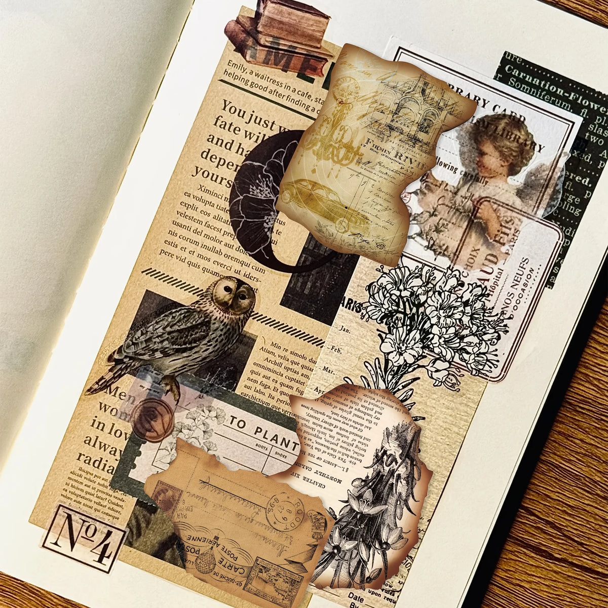 autocollants vintage marron motifs floraux horloges cartes postales papillons texte ancien scrapbooking bricolage diy