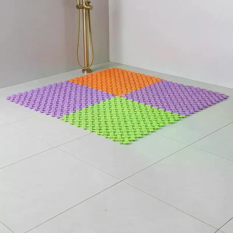 tapis sol carreaux géométriques bleu blanc orange vert rose violet moderne PVC