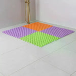 tapis sol carreaux géométriques bleu blanc orange vert rose violet moderne PVC