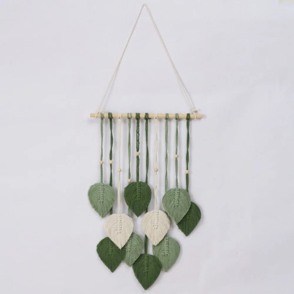 décoration murale boho feuilles coton tissage vert blanc rose artisanal