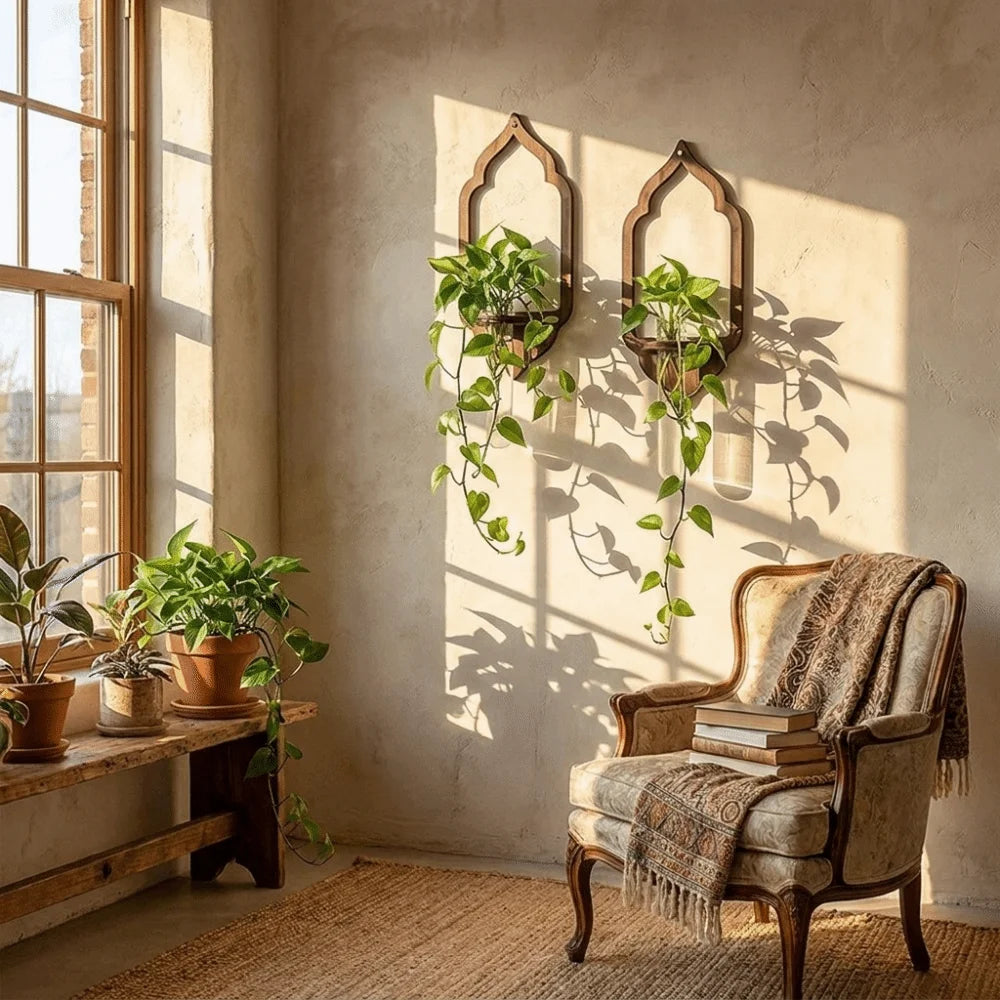 panier fleurs bois décoratif support mur transparent tubes verre arches soleil pieuvre bohème rustic