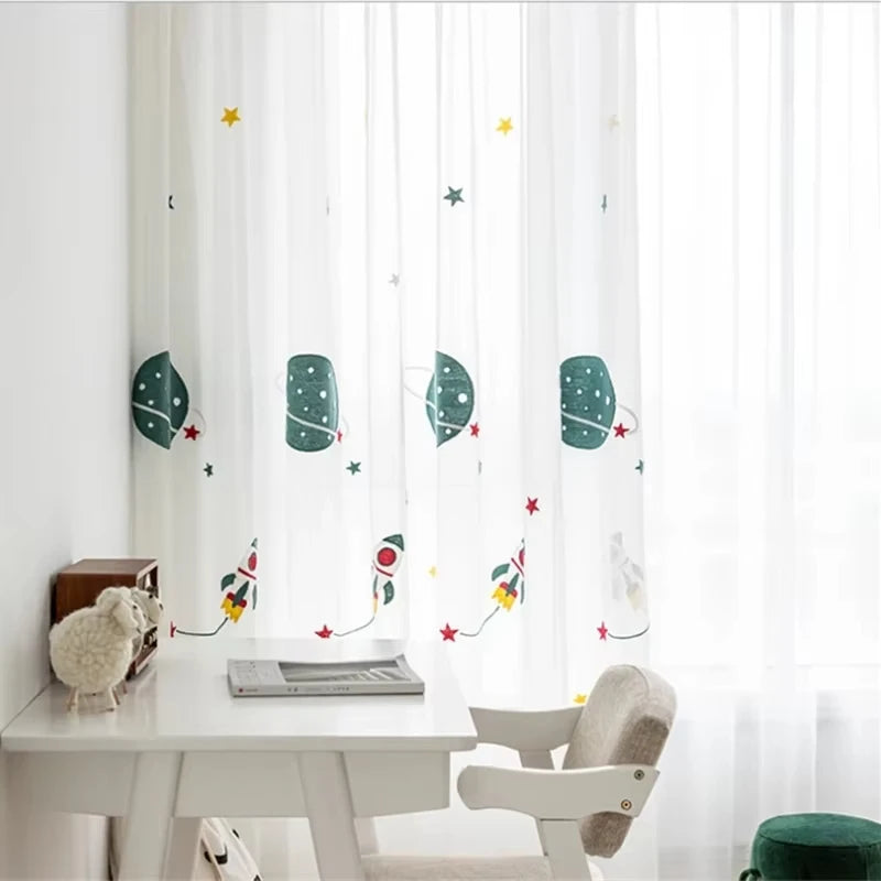 Rideau transparent brodé planètes fusées moderne enfant fenêtre polyester anneaux métalliques