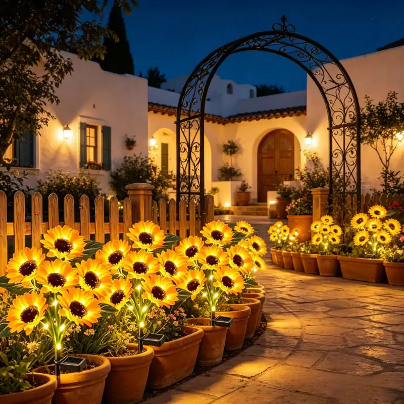 bouquet fleurs artificielles solaires jaune noir vert tournesol moderne extérieur piquet métallique panneau solaire