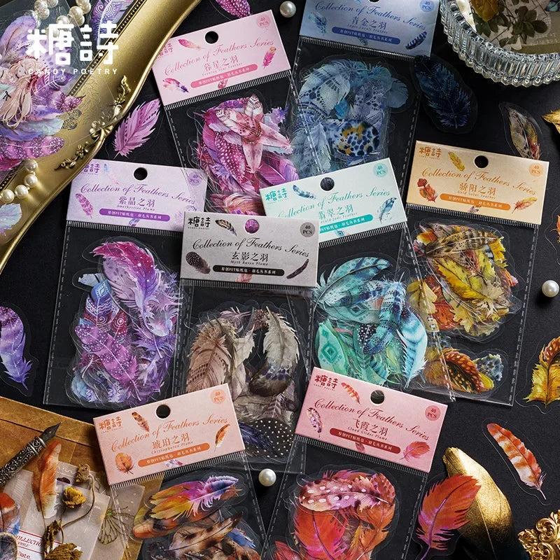 plumes décoratives adhésives violet rose bleu marron noir imprimées brillantes scrapbooking decoration matériaux plastique
