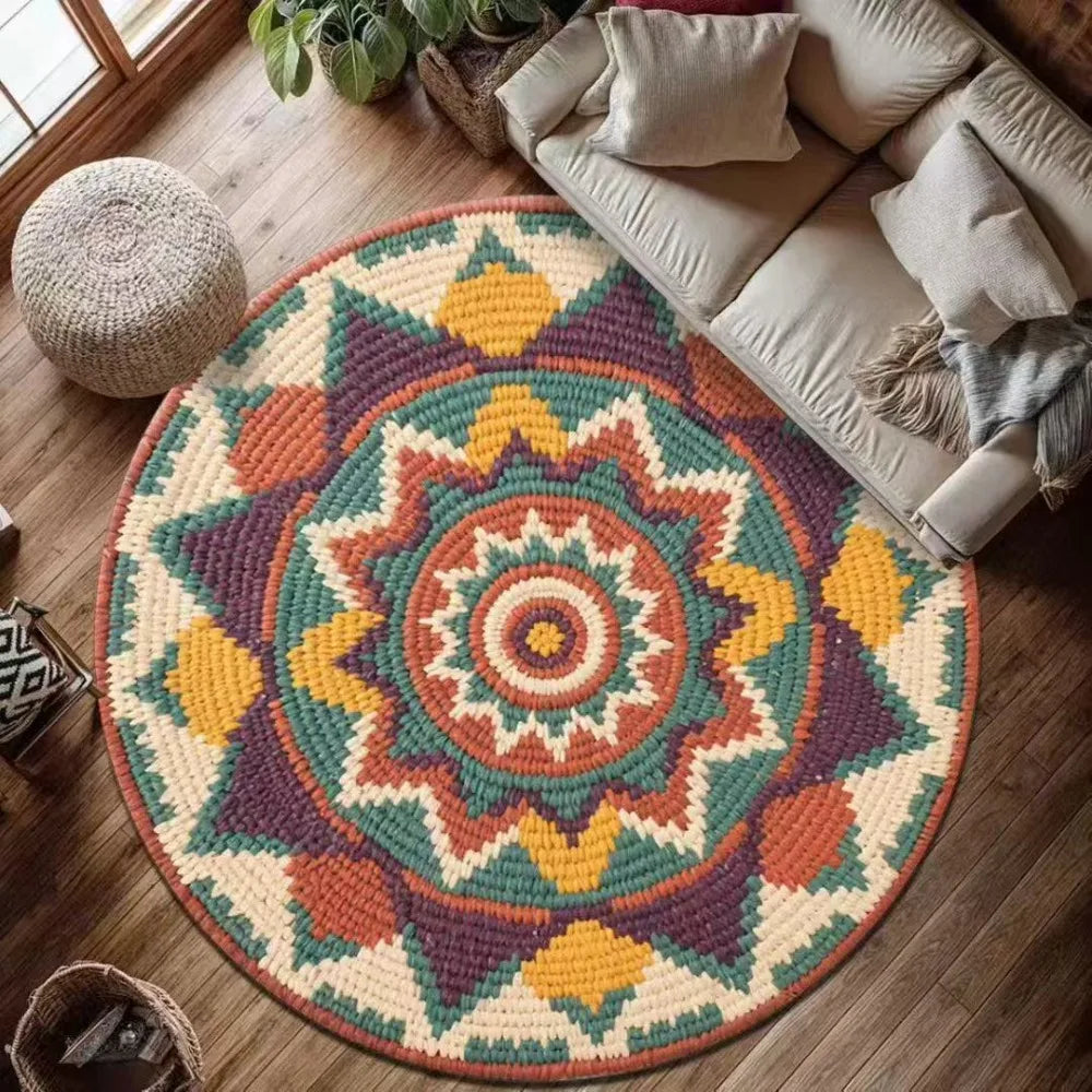 tapis rond mandala bohème ethnique multicolore géométrique décoratif salon chambre maison intérieur moderne