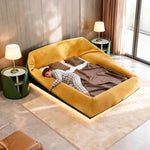 lit double nid oiseau velours jaune moderne minimaliste meuble chambre matelas oreillers couverture tapis