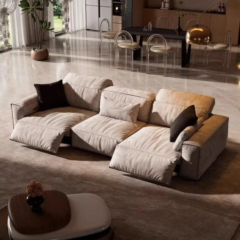 canapé d'angle moderne beige clair velours coussins tapis minimaliste scandinave maroc bois eléctrique