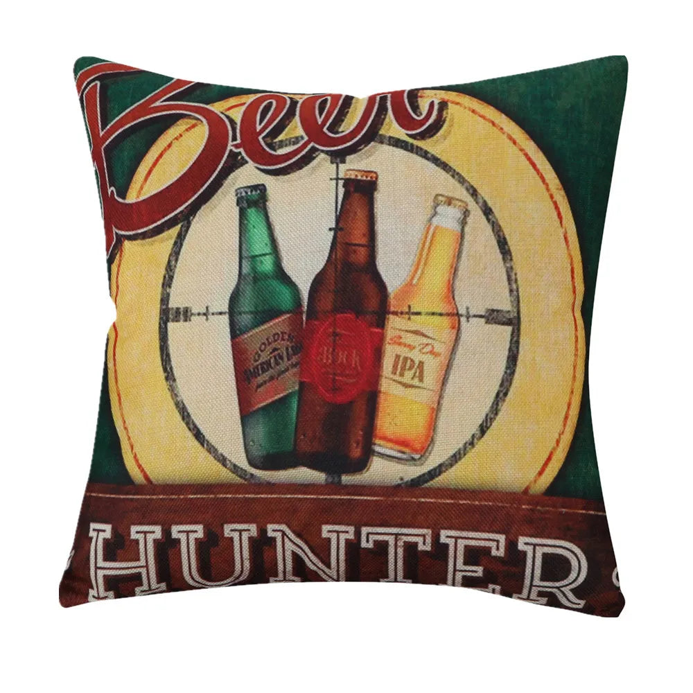 housse coussin vintage bière vin motifs rétro multicolores coton lin décoration canapé chaise 45x45cm