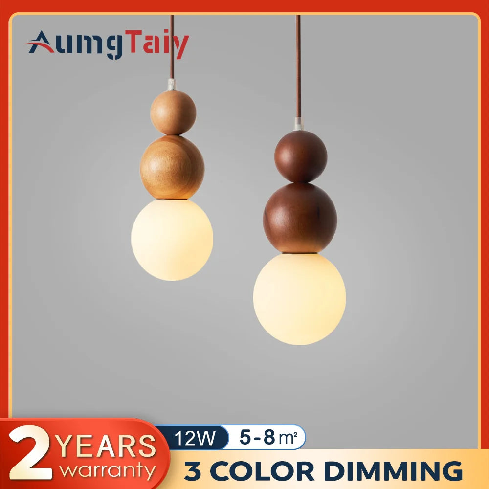 suspension lumineuse moderne boules bois diffuseur verre opalin câble suspendu chambre salon étude chambre