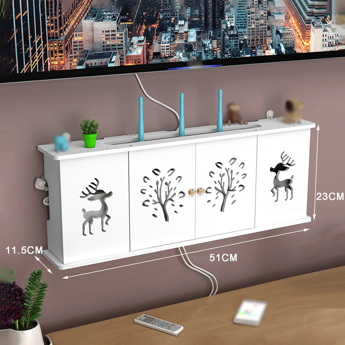 meuble rangement mural blanc bambou prises électriques étagères cable wifi