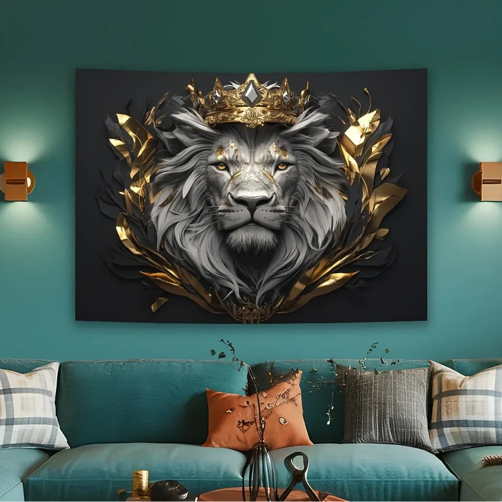 toile d'art portrait lion royal couronne feuilles dorées gris noir élégante décorative chambre salon