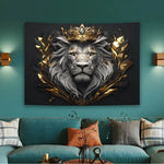 toile d'art portrait lion royal couronne feuilles dorées gris noir élégante décorative chambre salon