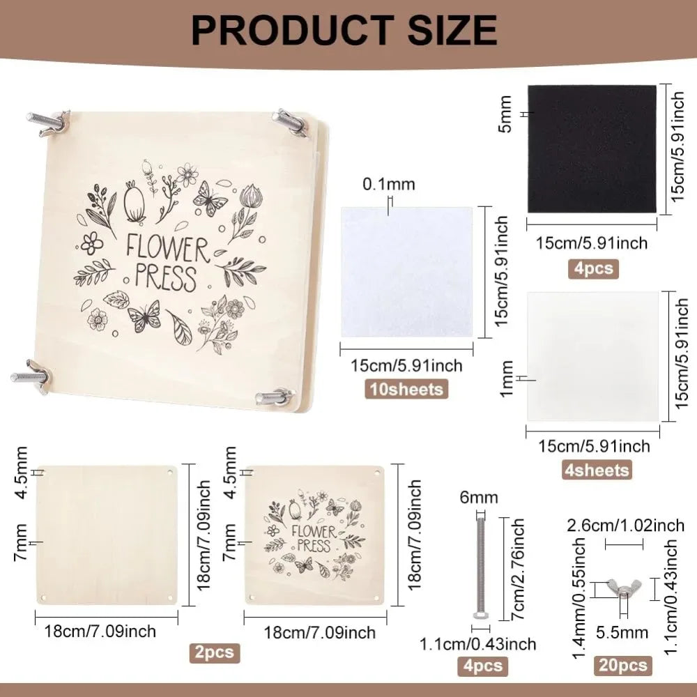 presse fleurs bois gravé rustique feuilles vis écrans feutre noir papier blanc