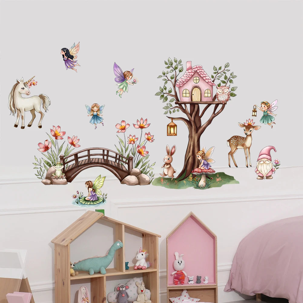 stickers muraux licorne fées animaux aquarelle chambre enfant fantaisie