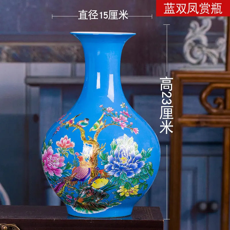 vase porcelaine traditionnel fleurs oiseaux jaune rouge bleu maison