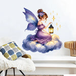 autocollant mural fée dessin animé violet blanc doré décoration maison chambre enfant ailes lanternes