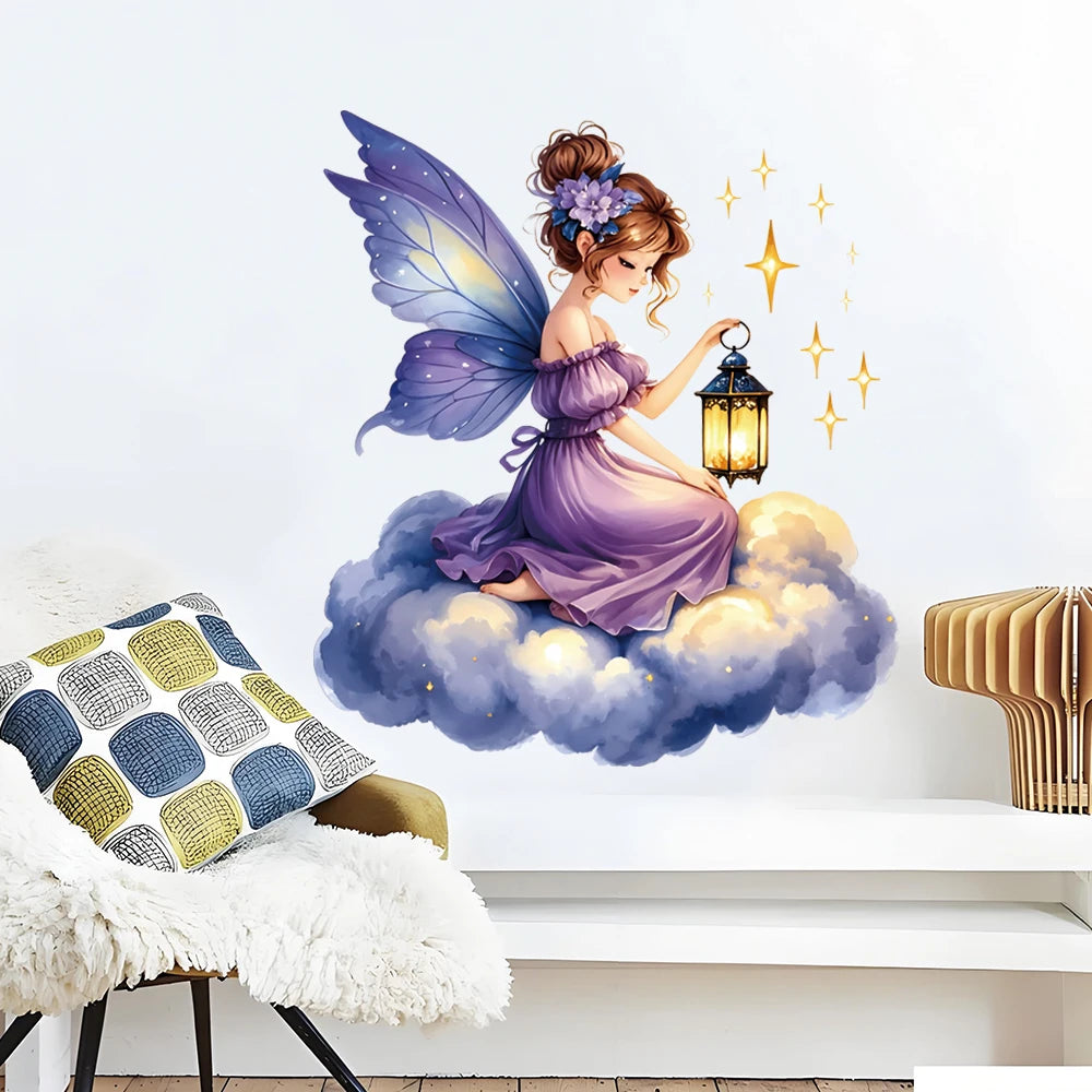 autocollant mural fée dessin animé violet blanc doré décoration maison chambre enfant ailes lanternes