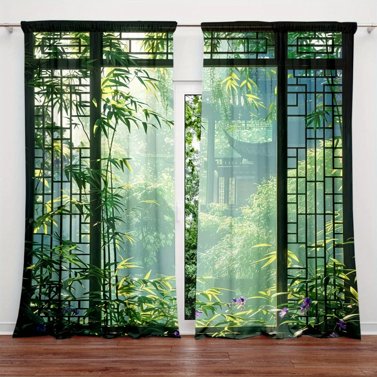 rideaux vert noir bambous semi transparent moderne oriental anneaux métalliques deux pièces polyester