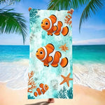 serviette plage microfibre motif marin tortues dauphins poissons illustration animale bleu clair vert orange