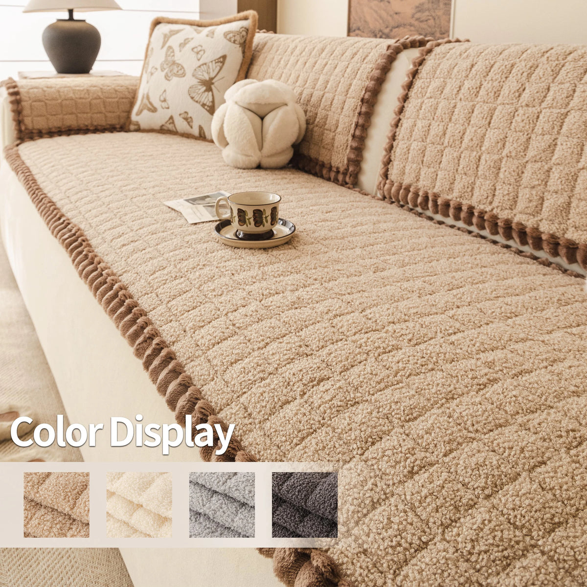 coussin canapé beige moelleux franges marron moderne confortable lavable machine automne hiver