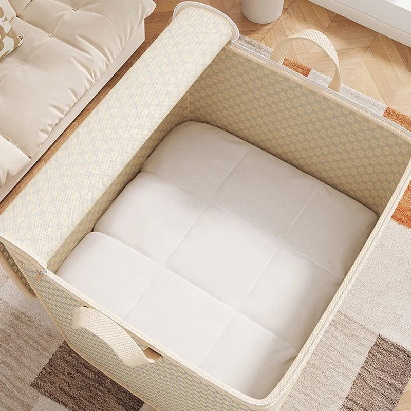 boîte rangement moderne 110l 150l 220l 30l carreaux beige motifs jaunes poignées métalliques coussin