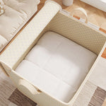 boîte rangement moderne 110l 150l 220l 30l carreaux beige motifs jaunes poignées métalliques coussin