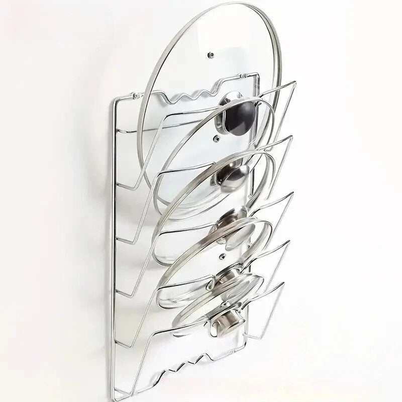 support mural métal argenté couvercle casserole rangement moderne minimaliste transparent fixations perforations différents bols