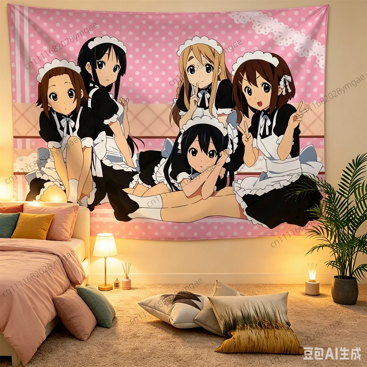 tapisserie anime mignonne pois blanc fond rose bordure dentelle chambre adolescente decoration murale