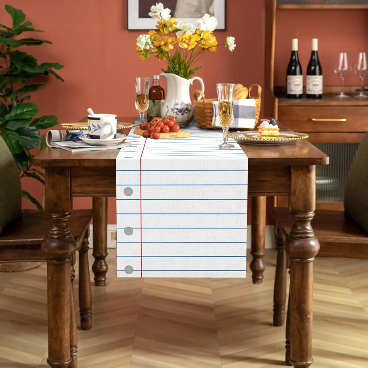 nappe lin blanc bleu rouge motif papier ligné trou perforé décoration maison originale ludique