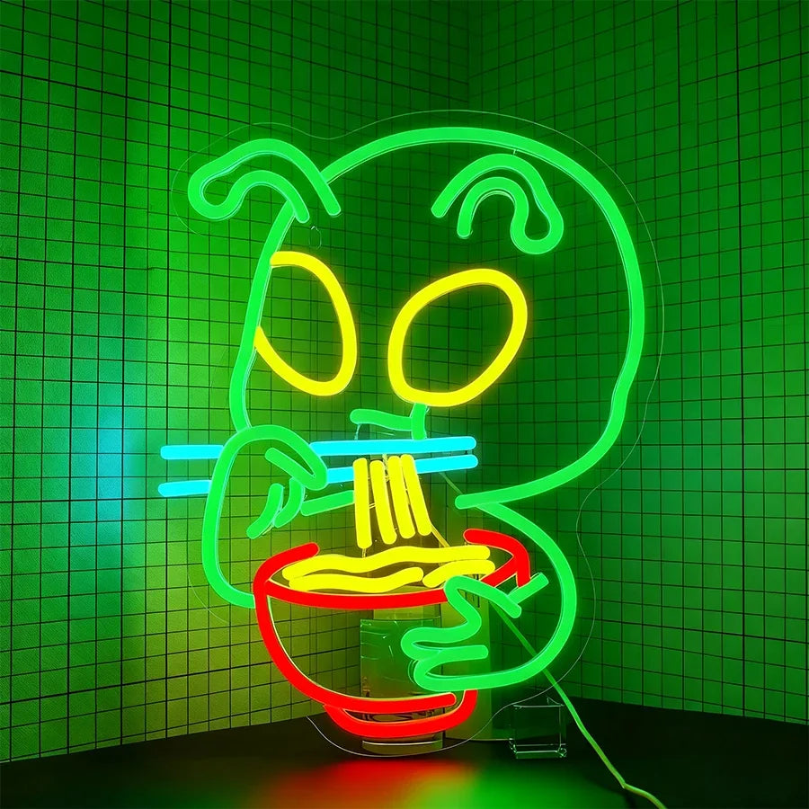 décoration murale néon chat nouilles ramen couleurs vives moderne suspension câbles usb