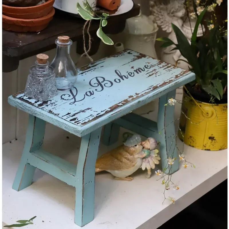 support bois rustique étagère fleurs plante stand shabby chic decoratif vieux bleu blanc marbré