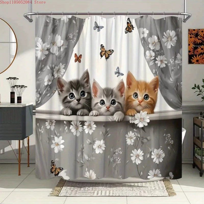 rideau douche polyester chats fleurs papillons moderne gris blanc orange