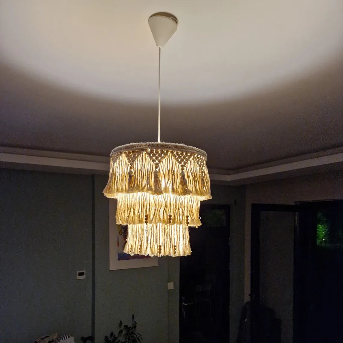 lampe suspendue boho macramé blanc cassé franges artisanal chambre opale coton tissage
