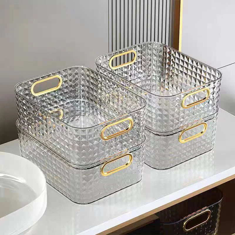 boîtes rangement transparentes paniers minimalistes poignées métalliques dorées moderne texture géométrique