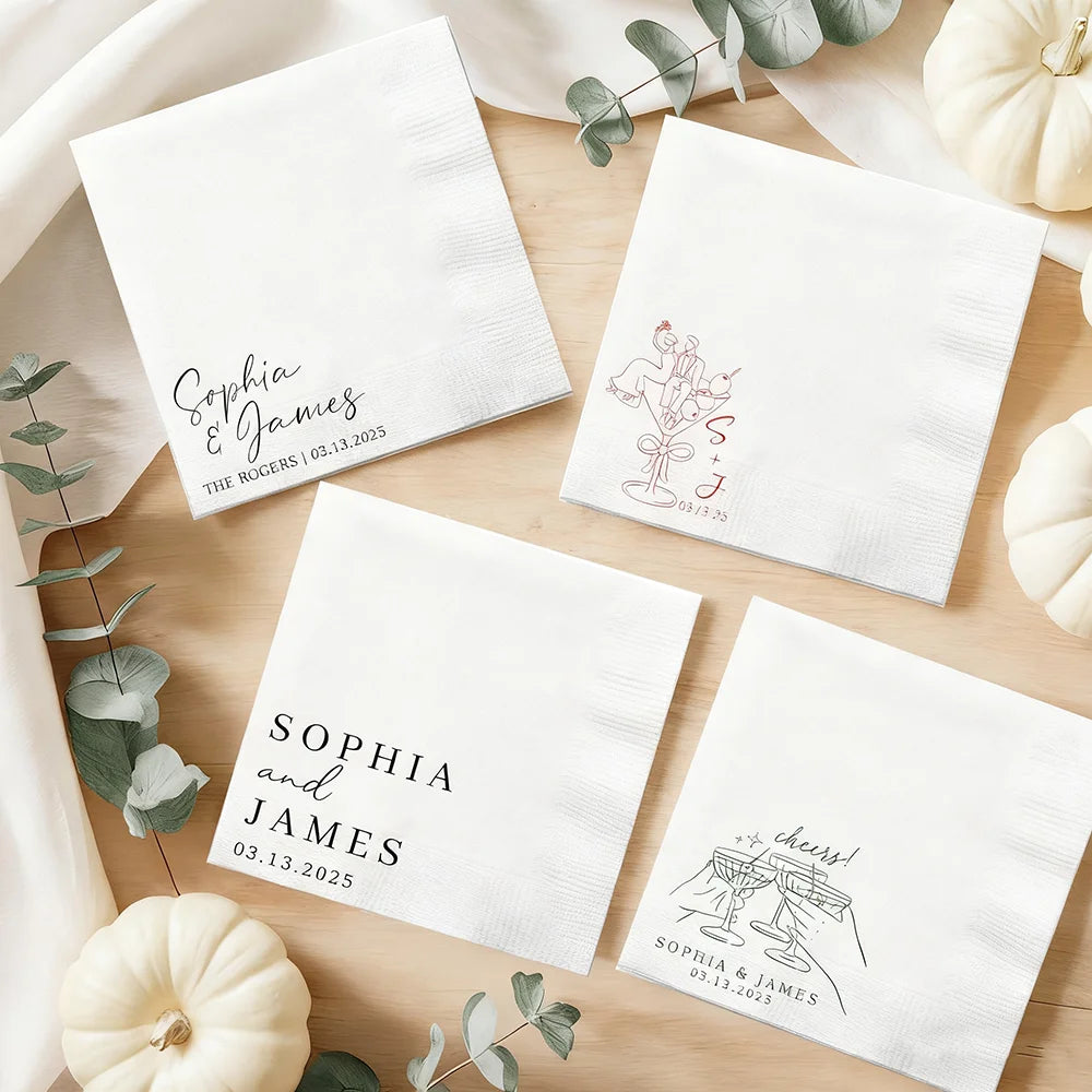 serviettes table personnalisables blancs imprimés noms dates illustrations moderne élégants mariage anniversaire fêtes