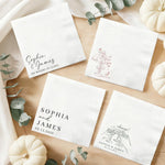 serviettes table personnalisables blancs imprimés noms dates illustrations moderne élégants mariage anniversaire fêtes